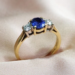 Antique 0.6 ct Sapphire Diamond 18 ct Gold Trilogy Ring Engagement Ring Oval Deep Blue Sapphire Diamond Wedding Ring US Size 4.5 UK Size I