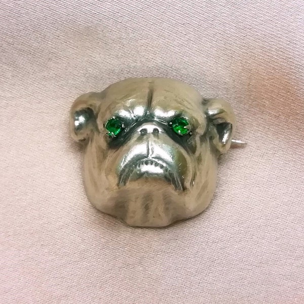 Iconic Bulldog Brooch Unger Brothers Antique Bull Dog Pin Silver Tone Green Paste Collectible, c. 1900s, Gift for Him