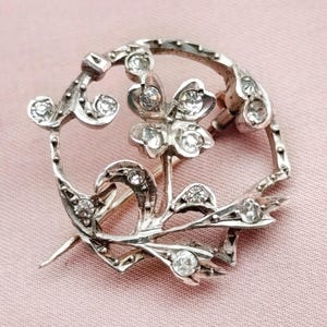 Enchanting Belle Epoque Four Leaf Clover Diamond Paste Silver Brooch Antique French Art Nouveau Openwork Flower Motif Pin Gift for Her 1900s