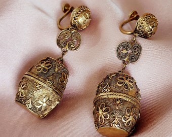 Zeldzame Chinese art deco vinaigrette parfum vat hangoorbellen goud verguld filigraan kant mesh schroef terug oorbellen pomander cadeau voor haar 1920