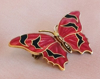 アンティーク中国製七宝焼き蝶のブローチ、フィリグリーエナメル