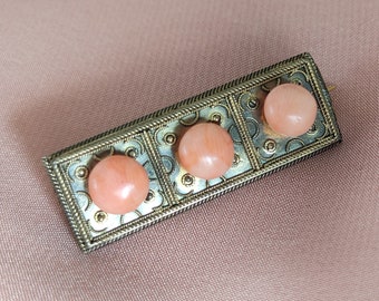 Victorian Etruscan Revival Pink Coral Cabochon Cannetille Brooch Natural Coral Beads Lace Pin Gilded Silver Antique 19th ct. Gift for Her