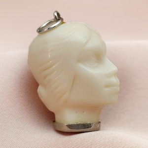 Delightful Antique Carved White Cream Early Plastic Figural Lady Head Pendant Exotic Celluloid Bakelite Novelty Collectors Item Gift Her Mom