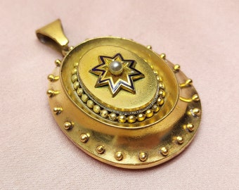 Antique Etruscan Revival Enamel Star Seed Pearl Photo Locket Pendant Victorian Aesthetic Mourning Medallion Sentimental Gift for Her c. 1870