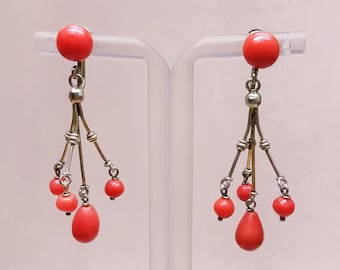 Delicaat belle époque ongeverfd koraal Teardrop hangoorbellen goud verguld zilveren schroef terug jaren 1920 art nouveau koraal kraal oorbellen cadeau voor haar