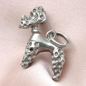 Vintage Cuddly Poodle Dog Silver Charm Pendant Sterling Silver Red Paste Eyes Key Chain Fob Luck Charm Stacking Bracelet Gift Dad Her Him