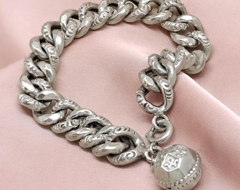 Antique Victorian French Wide Chunky Silver Curb Link Bracelet w/ Ball Charm Large Engraved Fancy Hollow Link Chain Gourmette Chain 19th ct.