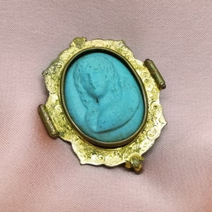Antique Georgian Turquoise Paste Cameo Pinchbeck Frame Portrait Brooch Blue Robin&#39;s Egg Chatelaine Pendant c. 1830s Collectors Item Him