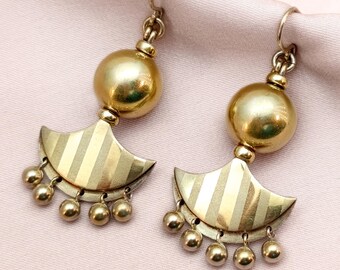 Sexy Antique Art Deco Gold Gilt Silver Chandelier Earrings Crescent Moon Tassels Geometric Design Romantic Love Gift Idea for Her 1930s