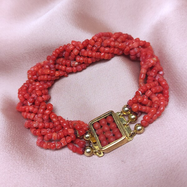 Bracelet antique victorien en or 14 carats tressé avec perles de corail rouge néerlandais des années 1850, bijoux traditionnels, cadeau d'anniversaire pour maman