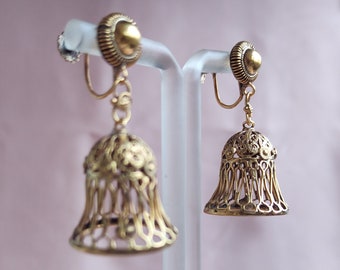 Antique Dutch Bell Earrings Lightweight Gold Gilt Silver Bell Shaped Silver Filigree Lace Cannetille Buttons Zeeuwse Knop 1910s Gift for Her