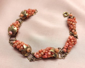 Antique Italian Salmon Coral Beads Grape Cluster Bracelet Leaf Gold Vermeil 800 Silver Victorian Edwardian Coral Bunch Gift for Her c 1900s