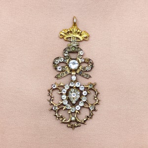Sparkling Antique Victorian Openwork Heart & Ribbon Bow Diamond Paste Articulated Gold Gilt Silver Pendant Gift Her French Norman 1800s