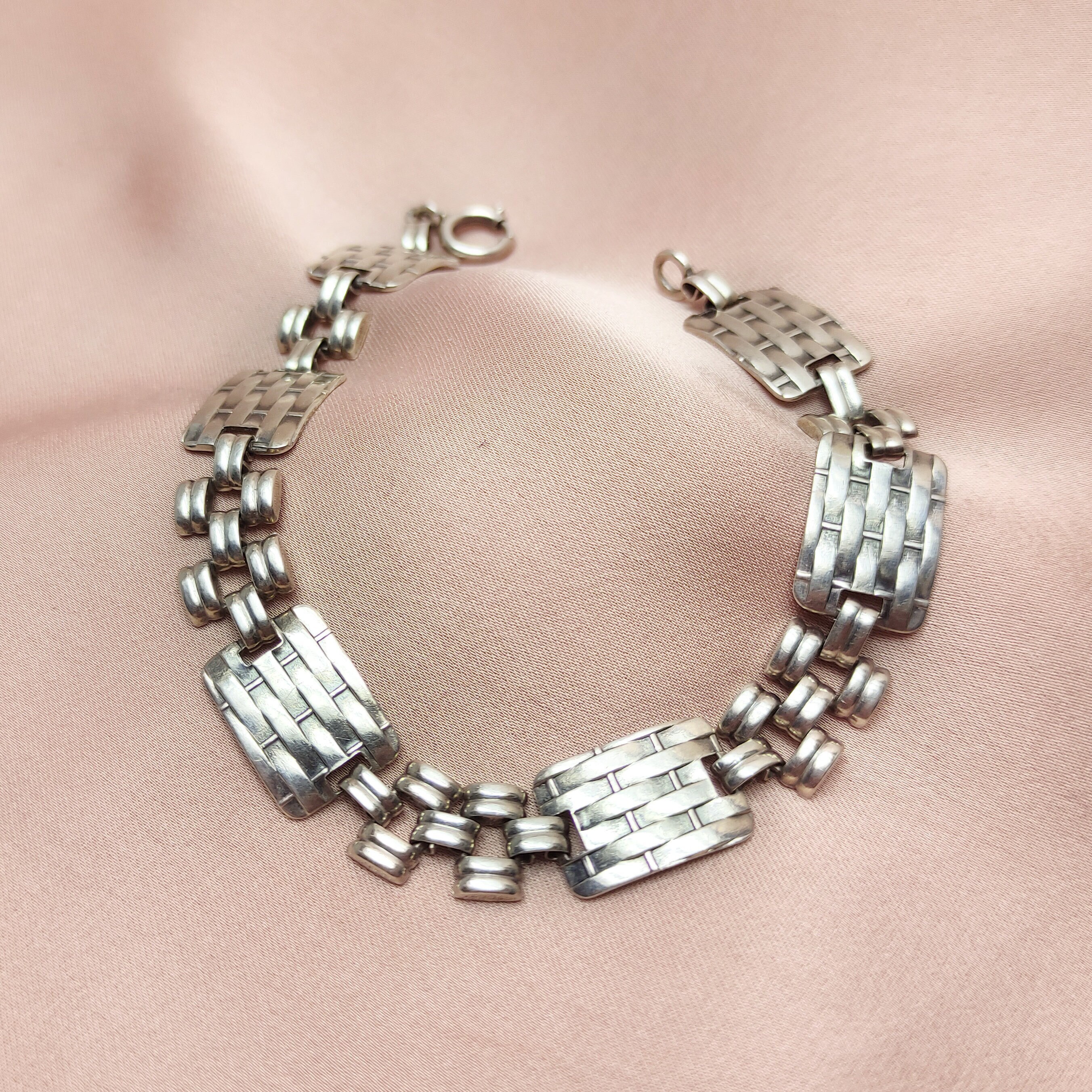 Elegant Art Deco Gate Sterling Silver Bracelet Antique Stylized Detailed Brick Link Statement Modernist Anniversary Birthday Gift Idea