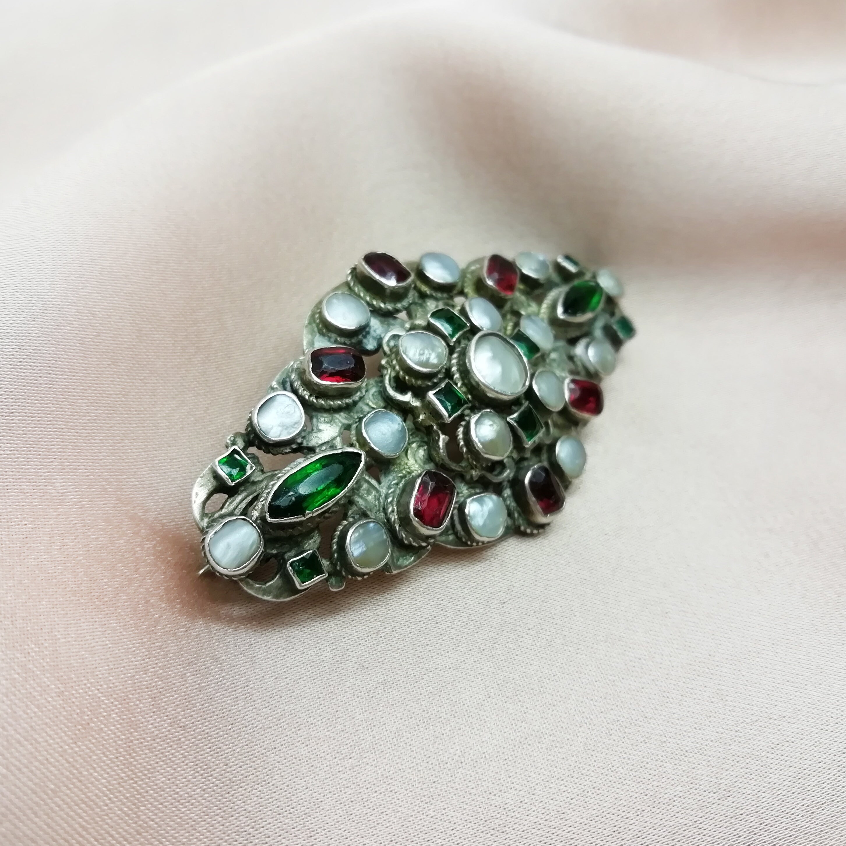 Bracelet Austro-hongrois émeraude Et Grenade - Renaissance Revival C1870, Argent 800, Occasion Rare