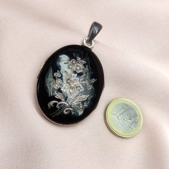 Antique Victorian Black Enamel Locket Seed Pearls… - image 8