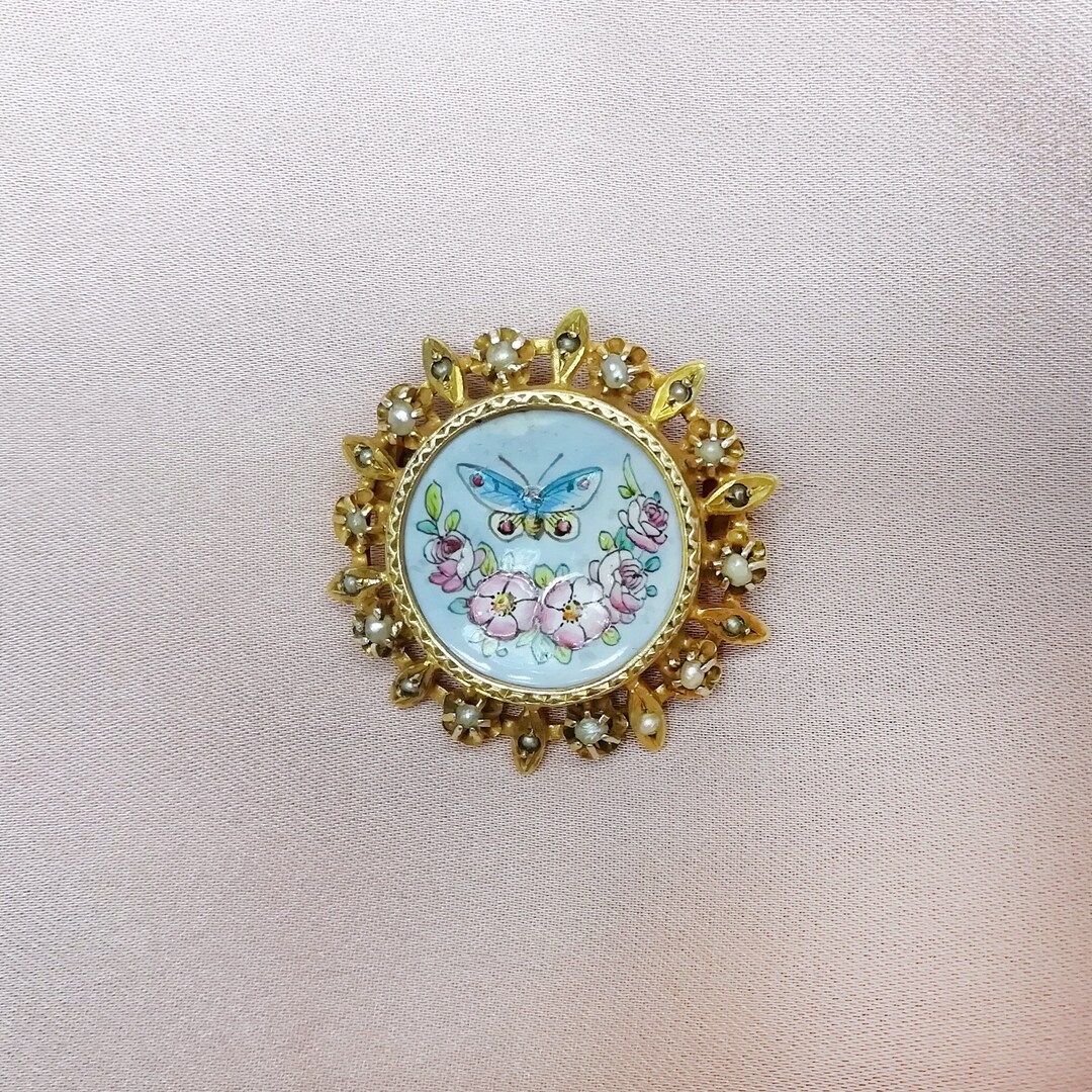 Broche Ancienne En Émail Limoges – Fleurs Bleu Blanc Rouge En Relief, Arnaud