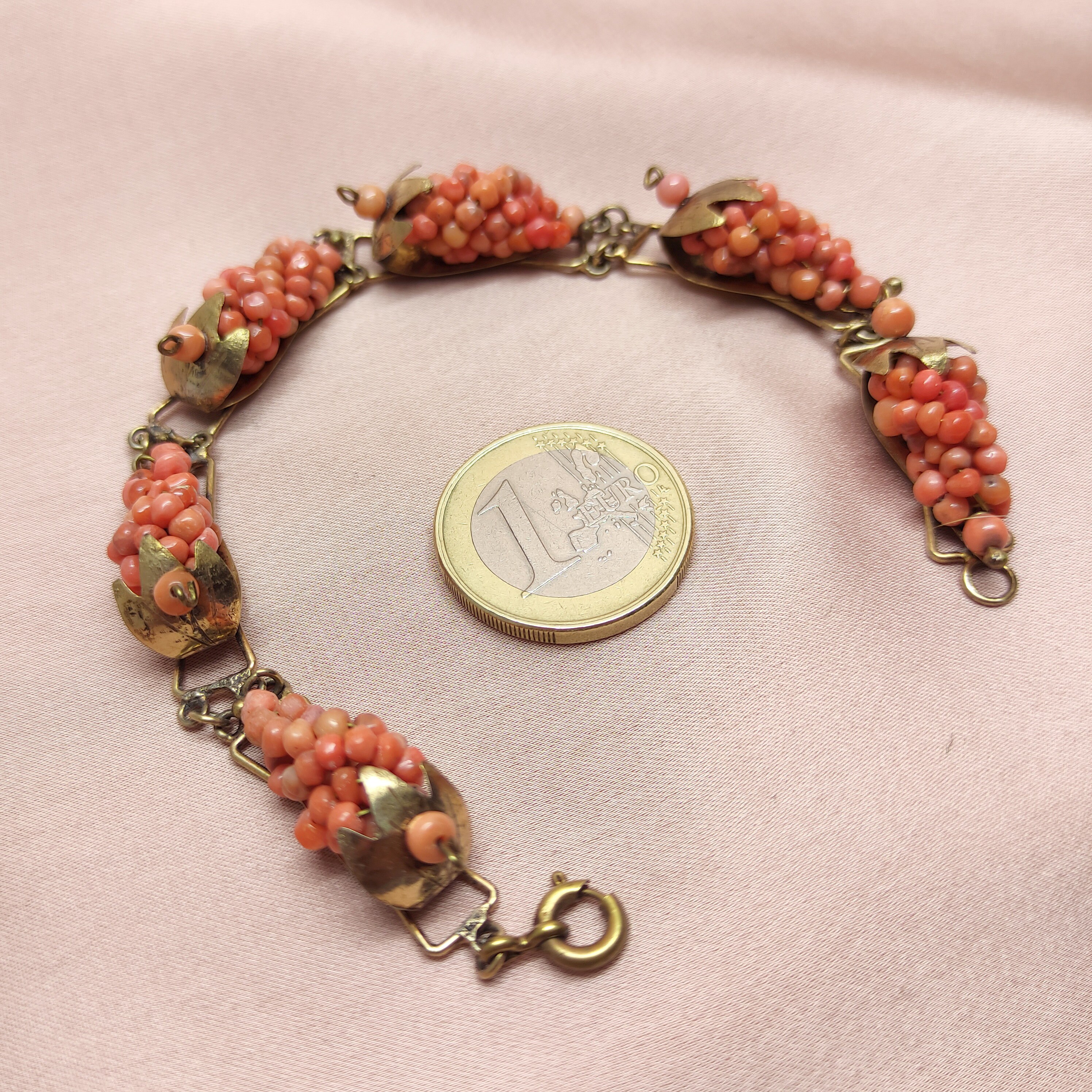 Bracelet Art Déco En Corail Naturel - Argent Doré, Style Victorien Années 1920