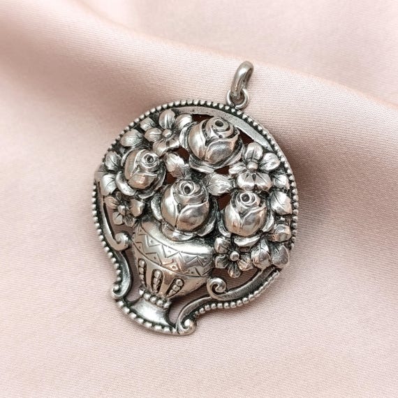 Adorable Antique Jugendstil Rose Peony Floral Basket Silver Pendant Repousse Romantic Love Idea Gift for Her Mom Art Nouveau Germany 1890s