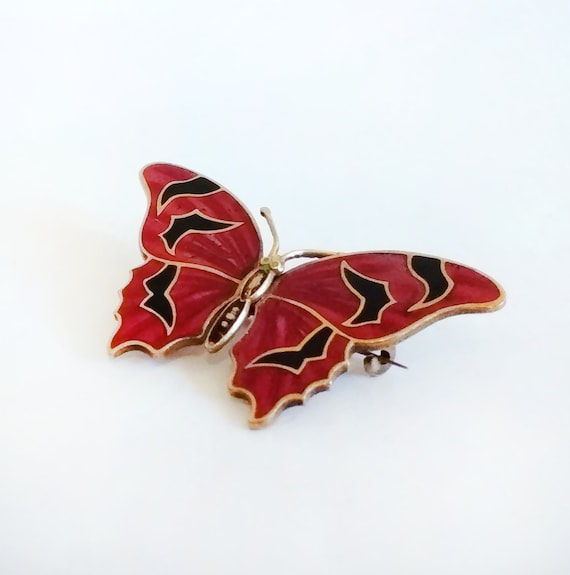 Art Deco Enamel Champleve Butterfly Brooch Antiqu… - image 2