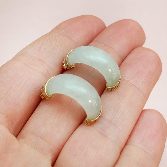 Alluring Vintage Ice Green Jadeite Jade Half Hoop 9K Gold Earrings Half Donut Shape 375 Gold Cap Earrings Romantic Love Gift Idea for Her