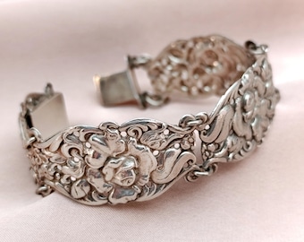 Playful Swirling Rose Flower Repousse Silver Panel Bracelet Antique Dutch Art Nouveau Lightweight Floral Motif Openwork Gift for Her 1920s