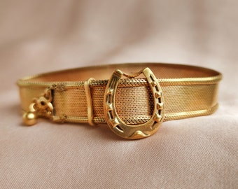 Victorian Horseshoe Charm Gold Gilt Silver Slider Mesh Bracelet Antique Fortune Luck Protection Charm Dangle Ball Collectible Gift for Her