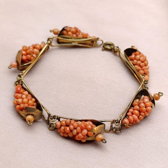 Bracelet Victorien Art Déco En Corail Naturel Et Argent Doré - Années 1920, Antique, Occasion