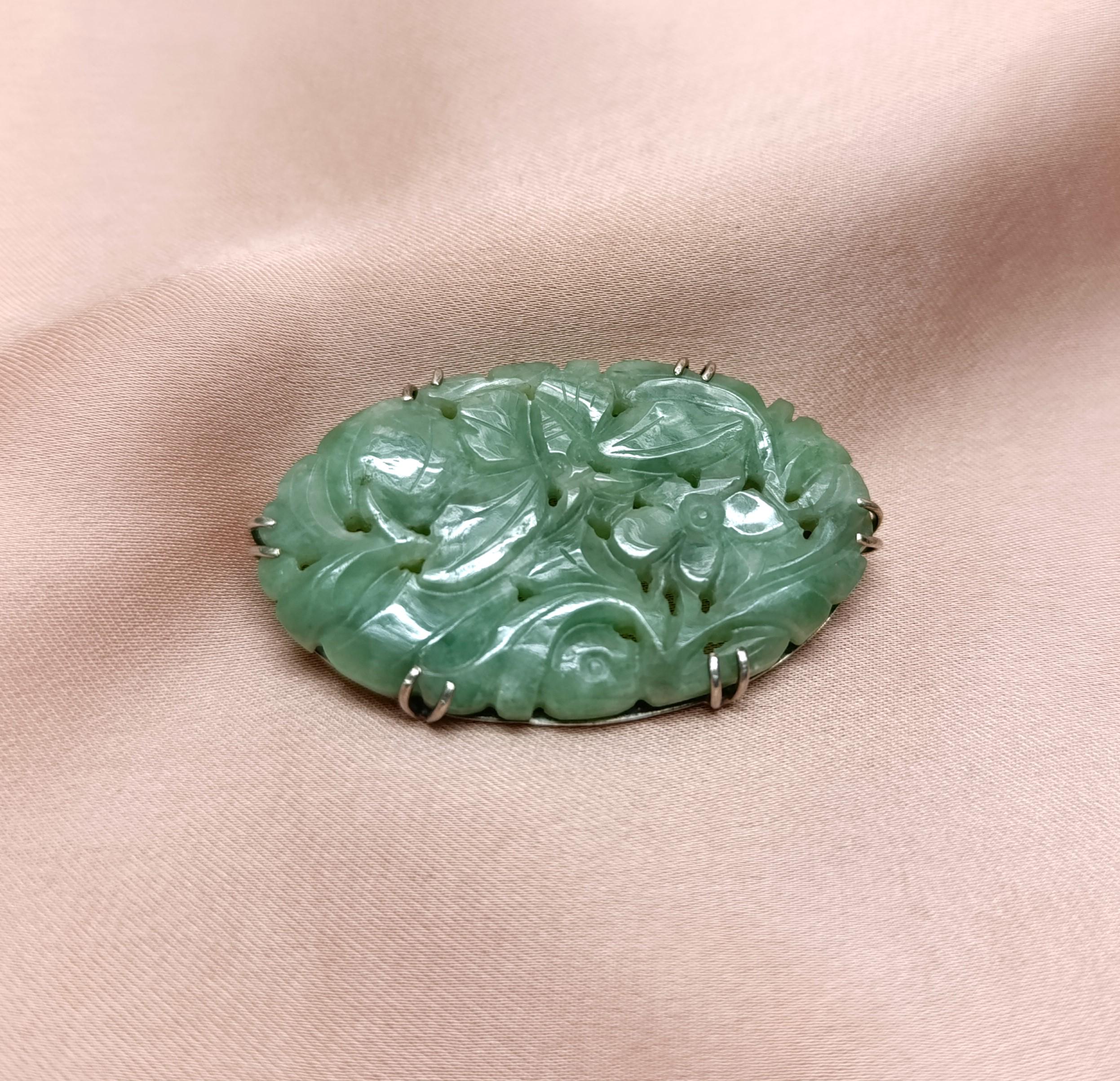 Antique Carved Mint Green Jadeite Jade Hand Carved Moth & Floral