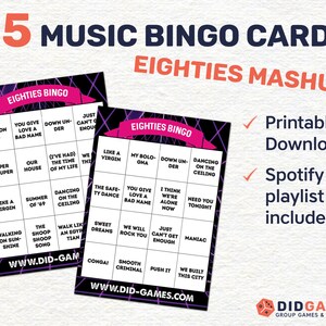 Music Bingo - Thème Mashup des années 80 - 25 cartes téléchargeables
