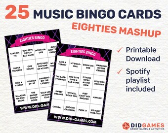 Music Bingo - 80's Mashup Theme - 25 downloadable cards