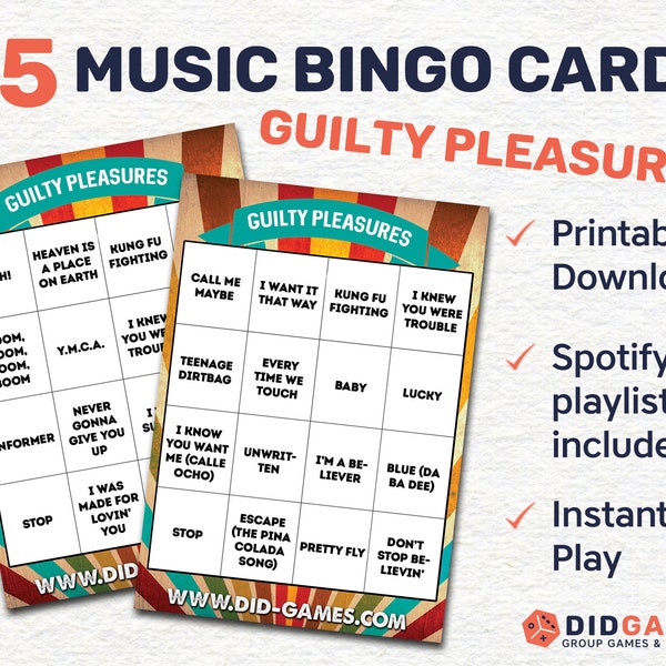 Music Bingo – Guilty Pleasures Theme - 25 tarjetas descargables