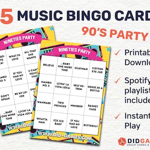 Music Bingo – 90's Party Theme - 25 tarjetas descargables