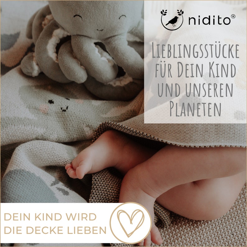 nidito® Bio-Baby-Decke Strick, 100% Bio-Baumwolle, 80x100 cm, Meer Wal Seestern, Strick Wolle, Beige, Natur, Erstlingsdecke Bild 8