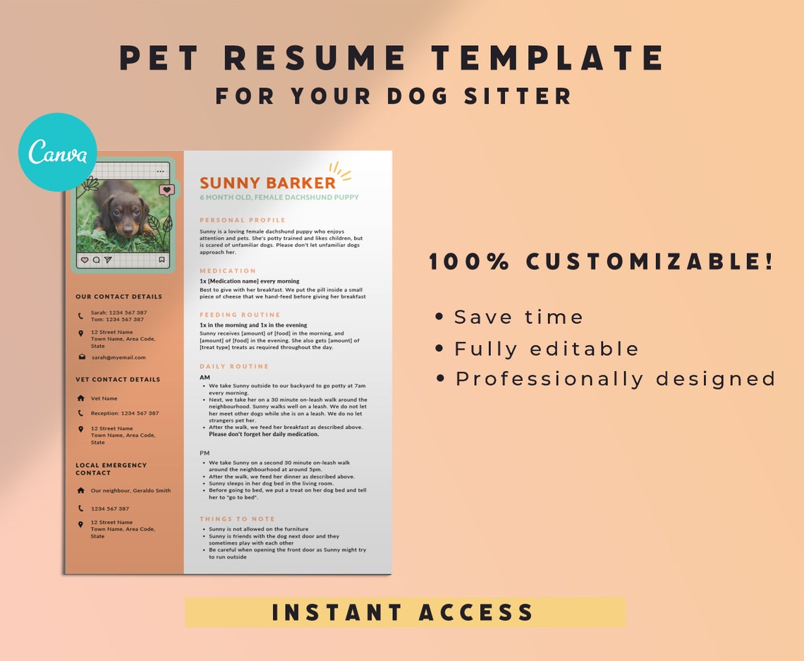 Dog Resume Template for Pet Sitter Canva Template Digital Download Pet