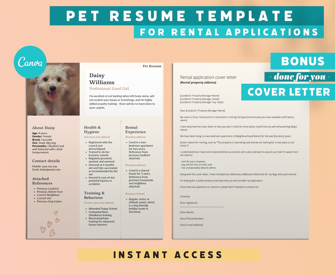 Pet Resume Template for Rental Applications | Rental Cover Letter | Canva  Template | Digital Product Download | Dog Rental Resume - Etsy