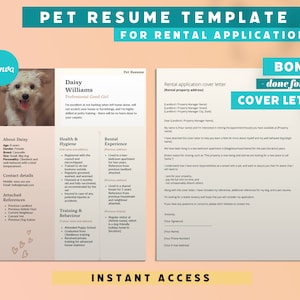 Plantilla de currículum de mascotas para solicitudes de alquiler / Carta de presentación de alquiler / Plantilla de Canva / Descarga de producto digital / Currículum de alquiler de perros