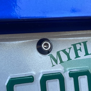 May include: Close-up of a black license plate screw with a silver head. The screw is mounted on a silver license plate with green text that reads "MYFL" and "COUNTY".