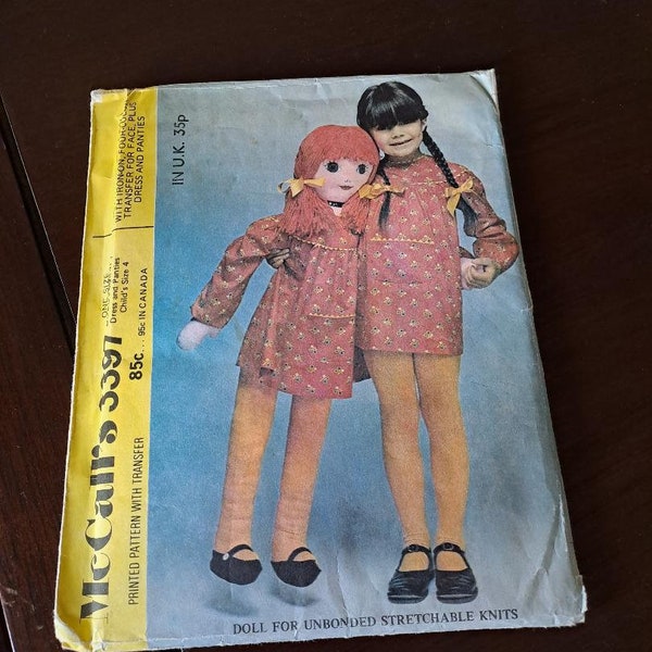 Vintage Betsy McCall Rag Doll with Dress and Pants Sewing Pattern 3397  Rag Doll 104cm Tall Child's dress Size 4 Face Transfer included