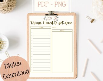 Puede incluir: Una lista de tareas imprimible con un diseño floral. La lista está dividida en dos columnas, una para tareas y otra para notas. El texto en la parte superior de la lista dice "Things I need to get done".