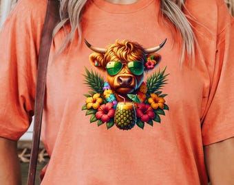 Tropical Highland Cow Beach PNG: Summer Shirt Design (Digital Download)