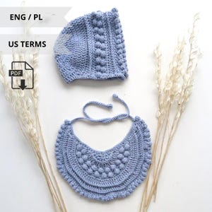 Crochet baby set, crochet pixie bonnet, baby hat pattern, 4 sizes , "Boho" bonnet, crochet baby cap pattern, crochet baby bib