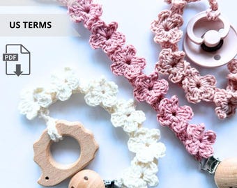 Crochet Pacifier flower holder, Hania Pacifier holder, pacifier clip, pacifier chain, ENG