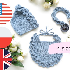 Crochet Baby Set Pattern | Pixie Bonnet, Frilly Bonnet, Baby Hat & Bib | 4 Sizes | Digital Download