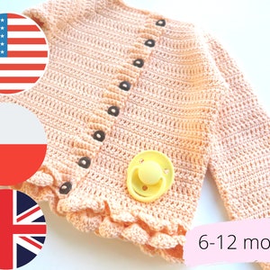 Häkelanleitung für Babys, Häkelanleitung für die Größe 6–12 Monate, Häkelstrickjacke „Frilly“, Häkelanleitung für Babystrickjacken, Häkelanleitung für Babypullover