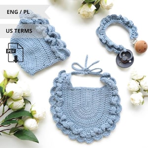 Crochet Baby Set Pattern | Pixie Bonnet, Frilly Bonnet, Baby Hat & Bib | 4 Sizes | Digital Download