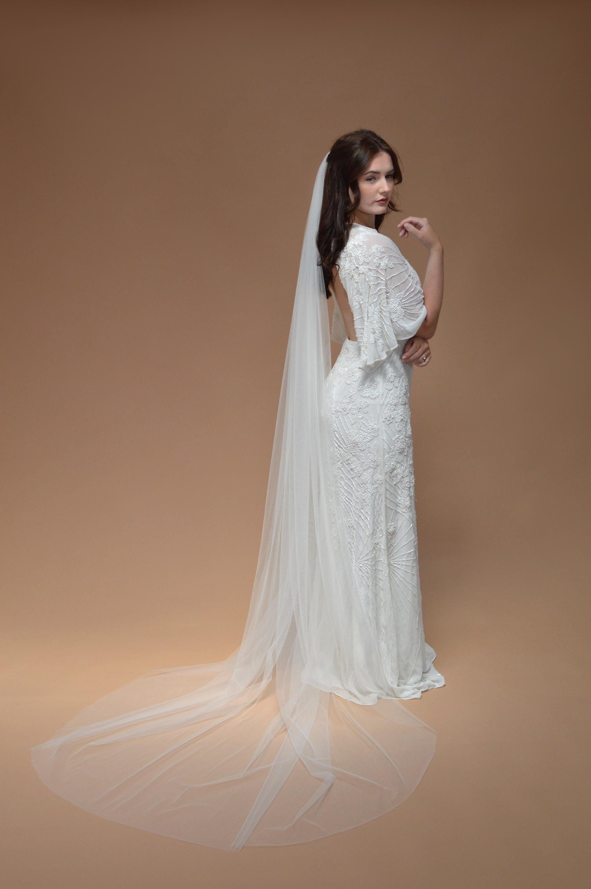 Ivory Chapel Length Wedding Veil: Simple Cut Edge Soft Tulle  display picture 2