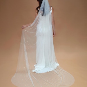 Chapel Length Pearl Wedding Veil: Soft Ivory Tulle, Cut Edge