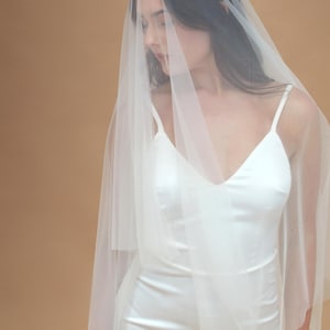 Cathedral Length Drop Wedding Veil – Sheer Veil in Ivory Tulle with Cut Edge Finish, Plain Blusher (2 Layer, 300 cm)