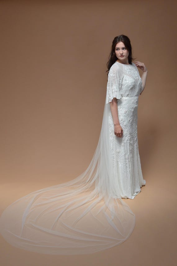 Long Sheer Wedding Veil in Soft Ivory Soft WAIST Length Wedding Veil With Plain Raw Edge, 1T  main image 2